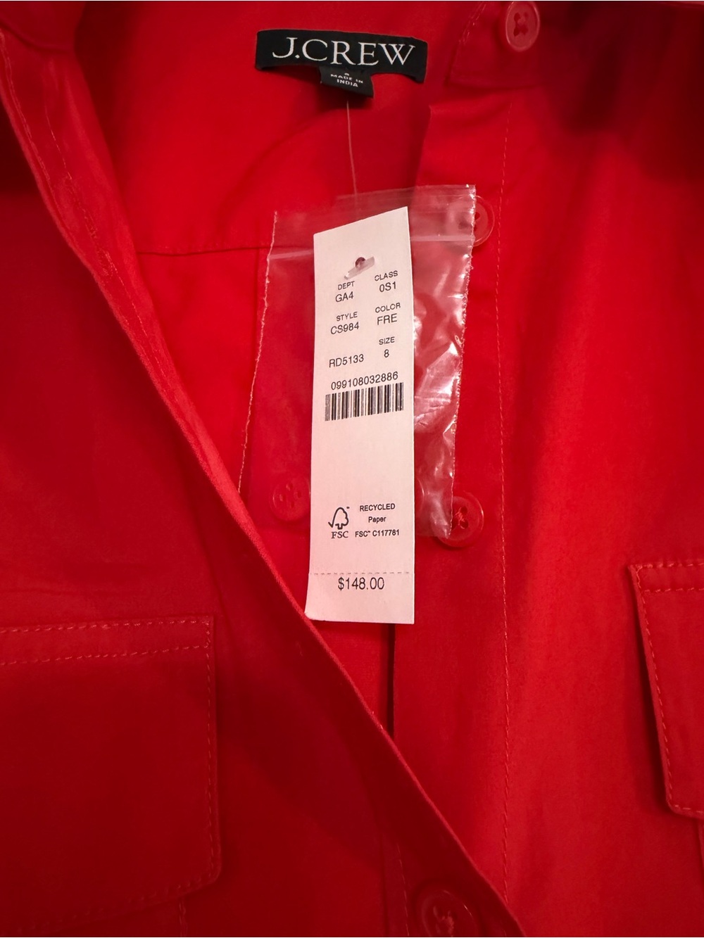 NWT J. Crew utility shirt-dress in cotton poplin in Festival Red size 8 - Picture 7 of 10